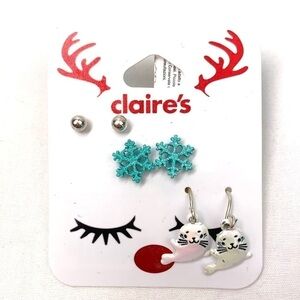 Claire’s Holiday Pierced Earring Trio-Ball Studs, Snowflakes, Seals NWT